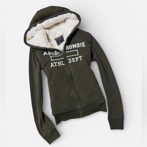 Abercrombie & Fitch Olive Green Zip Hoodie with White Sherpa Trim